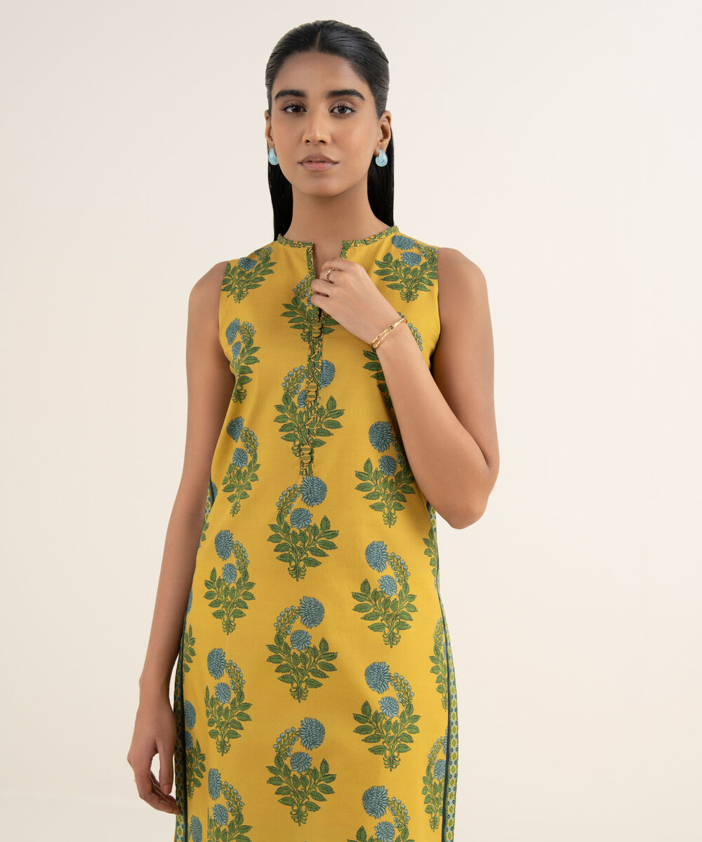 Women's Unstitched Cotton Printed Yellow Shirt