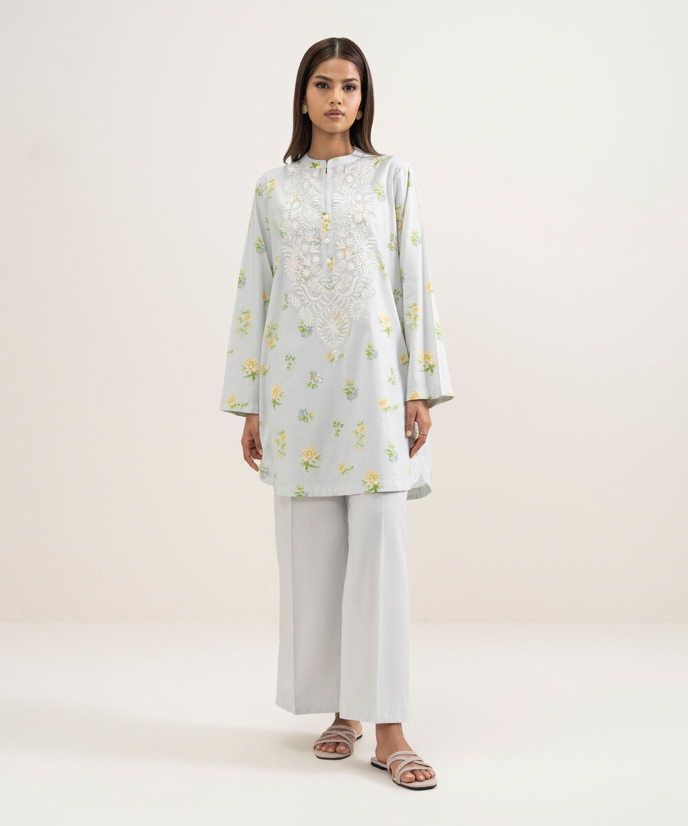 Women's RTW Cotton Viscose Embroidered Ice Blue Straight Shirt