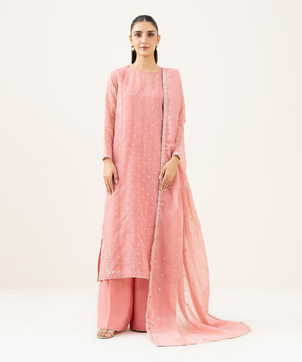 Women's RTW Blended Textured Karandi Pink Dyed Three Piece