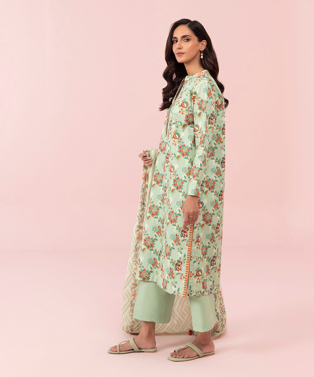 Women's Unstitched Printed Cambric Mint Green 3 Piece Suit