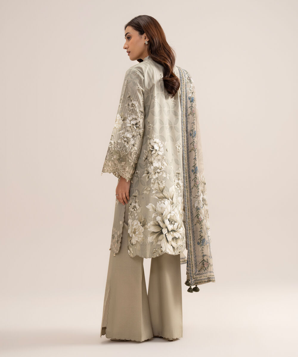 Women's Unstitched Lawn Embroidered Light Grey  3 Piece Suit
