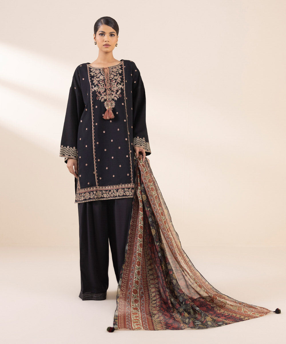 Woman - Black 3 Piece - Embroidered Raw Silk Suit