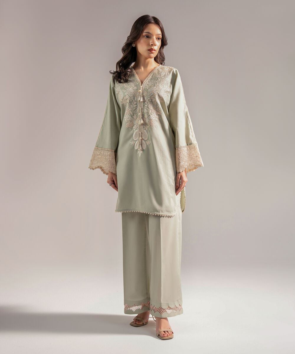 Women's RTW Self Jacquard Embroidered Mint Green 2 Piece Suit