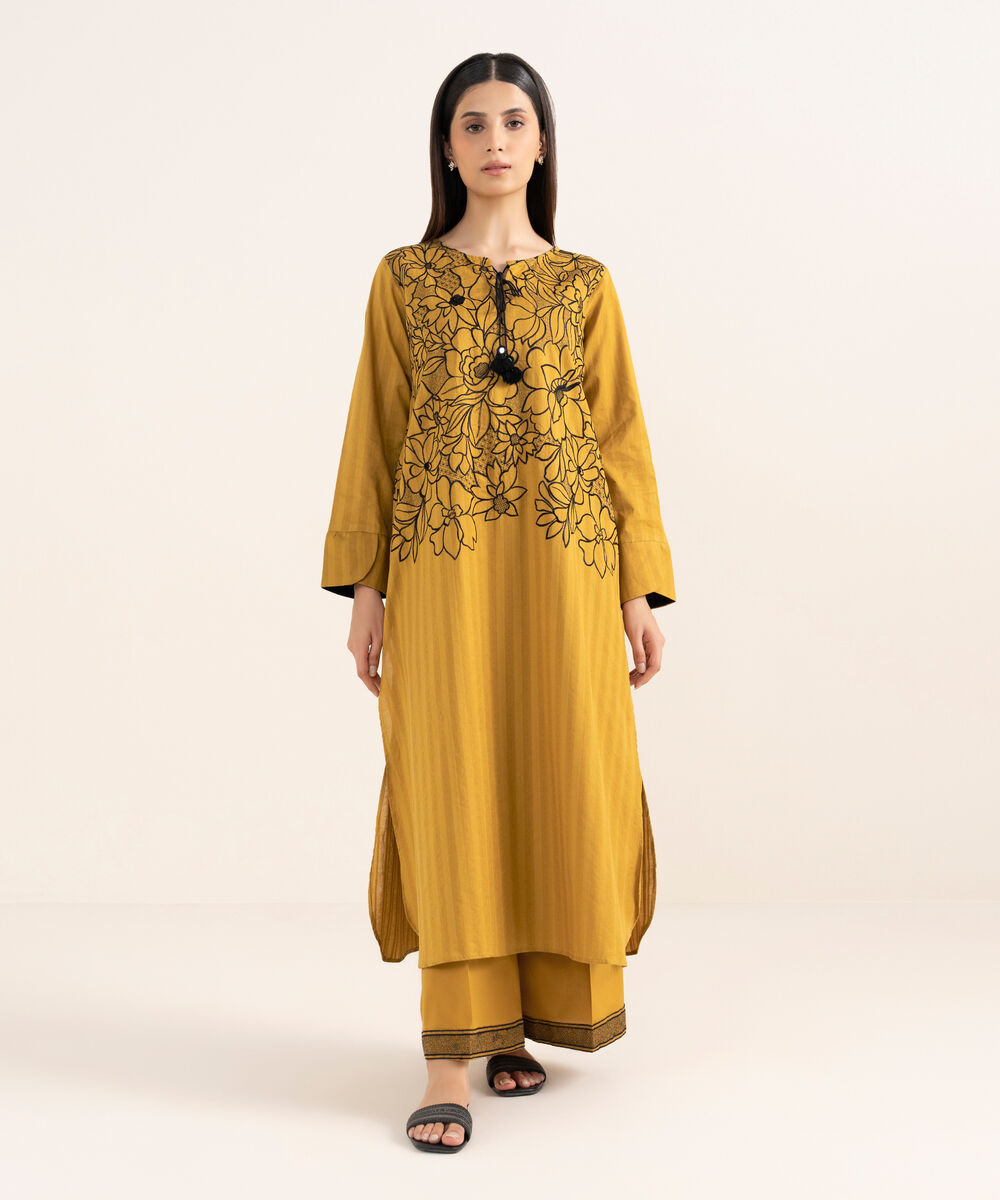 Women's RTW Textured Lawn Mustard Embroidered A-Line Shirt