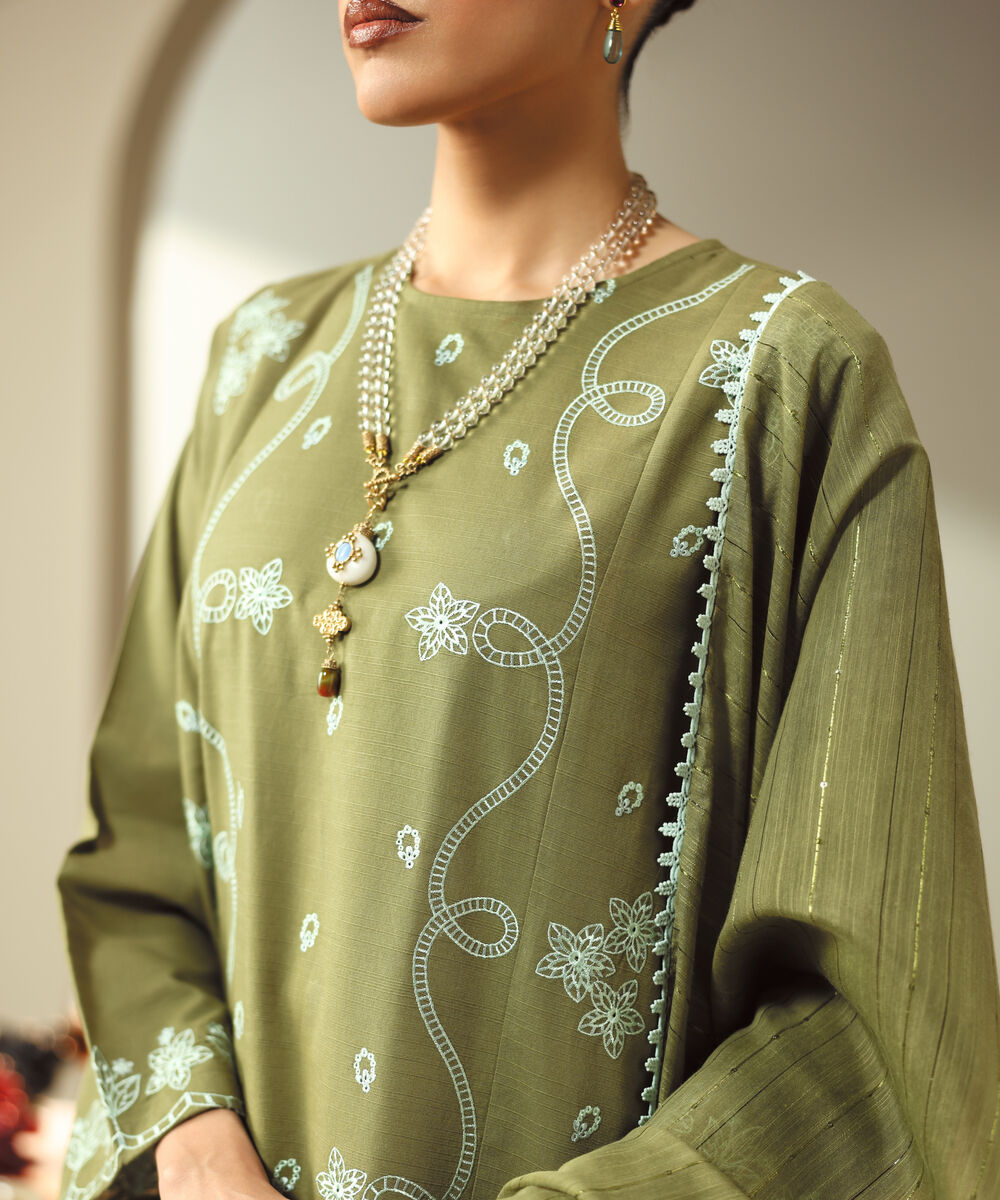 Women's RTW Light Khaddar Embroidered Green A-Line Shirt