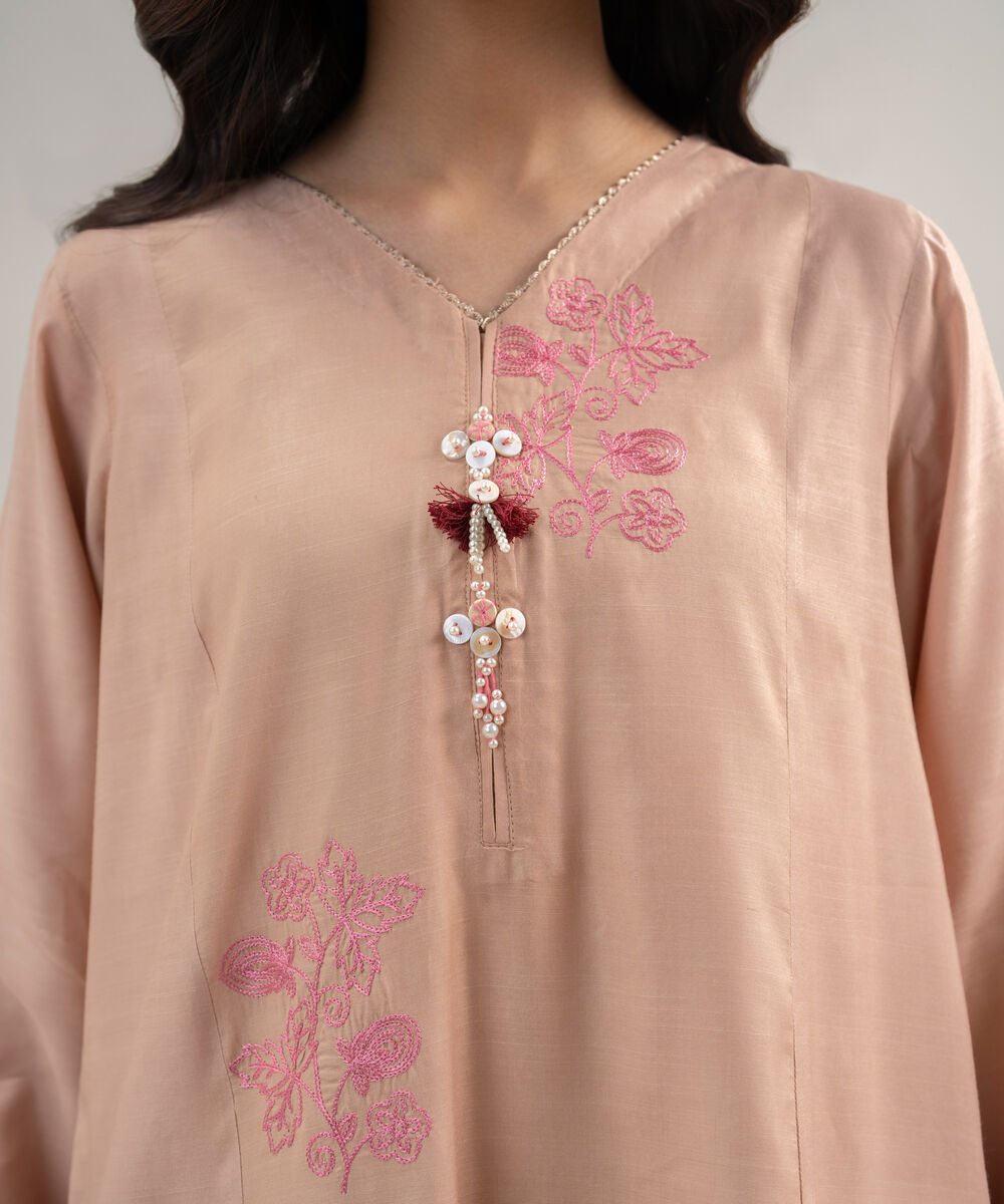 Women's RTW Viscose Raw Silk Embroidered Pink Sand 3 Piece Suit