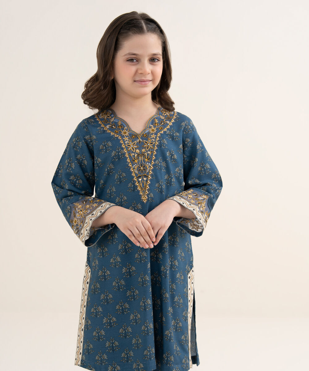 Girl's Arabic Khaddar Embroidered Blue 2 Piece Suit