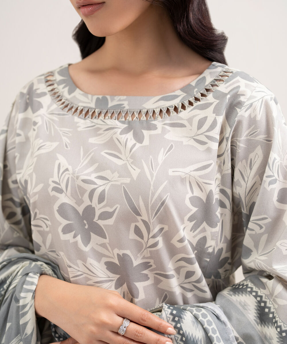 Women's Unstitched Lawn Printed Grey 3 Piece Suit