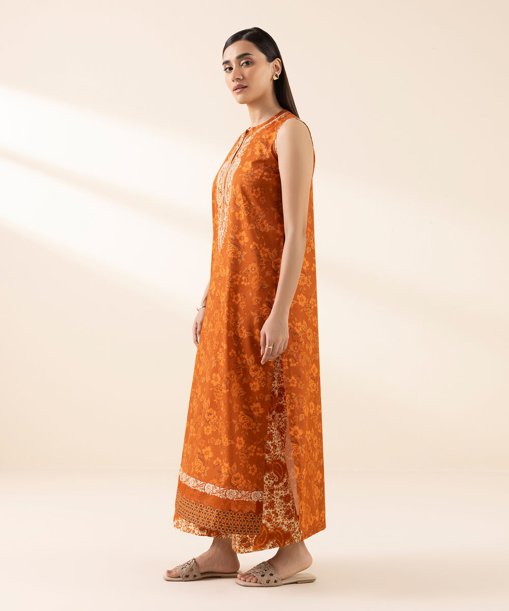 Women's Unstitched Lawn Embroidered Orange 2 Piece Suit