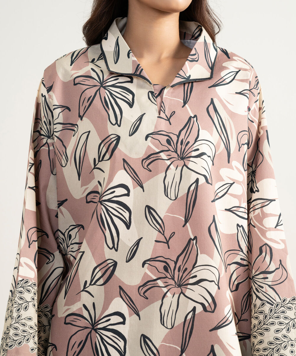 Women's Unstitched Lawn Printed Pink 3 Piece Suit