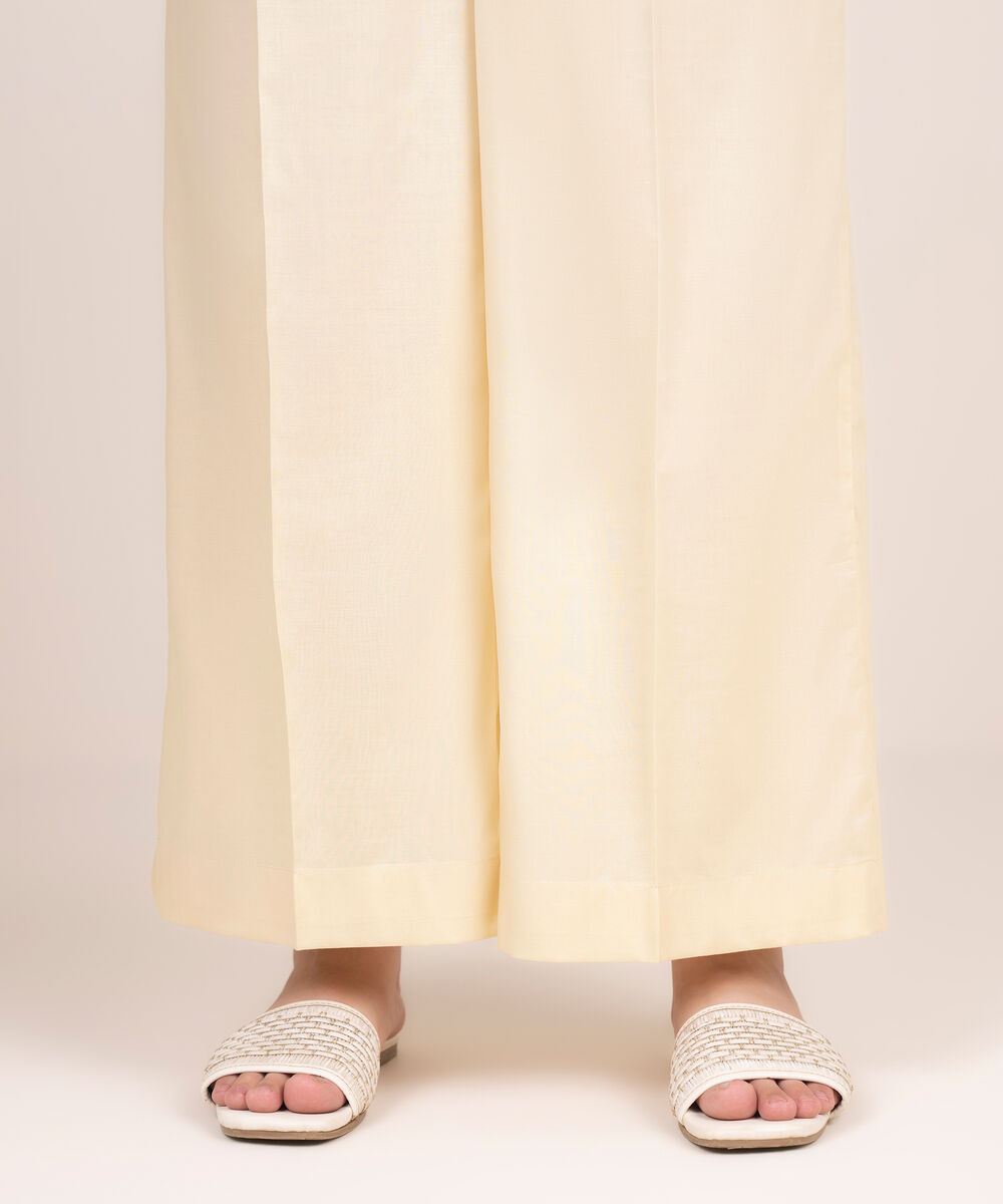 Women's RTW Cotton Viscose Beige Solid Flared Pants