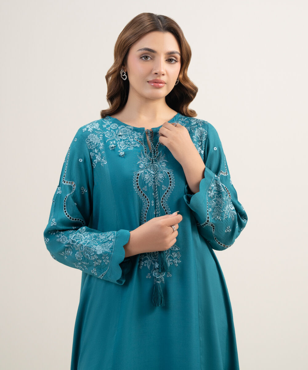 Women's RTW Viscose Raw Silk Embroidered Teal 2 Piece Suit