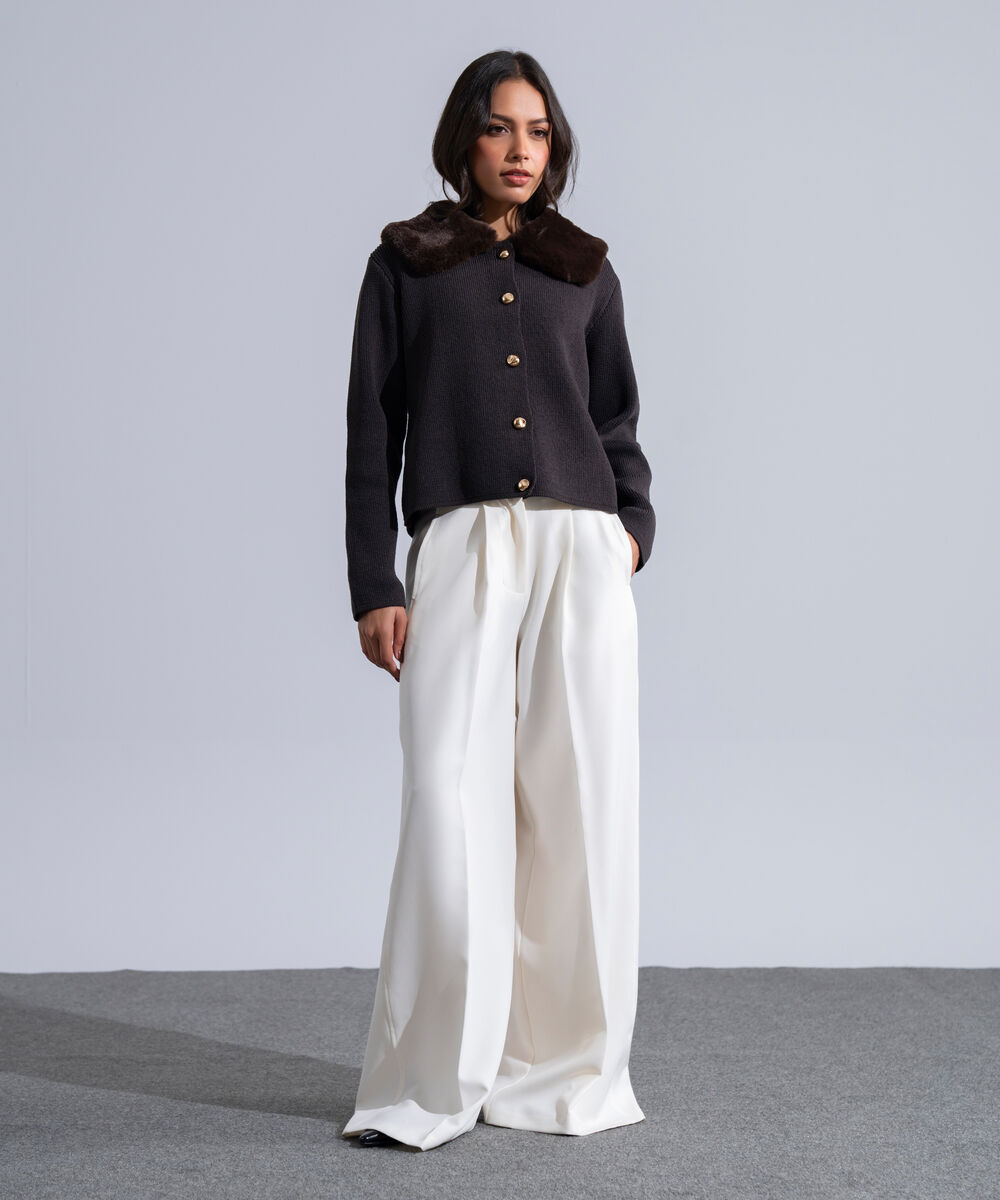 Women's Western Wear White Polyester Pleated Wide Leg Trousers
