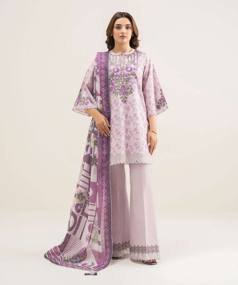 Women's Unstitched Lawn Purple Embroidered 3 Piece Suit