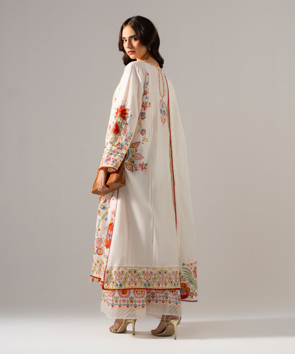 Women's RTW Lawn Solid Embroidered Off White 3 Piece Suit