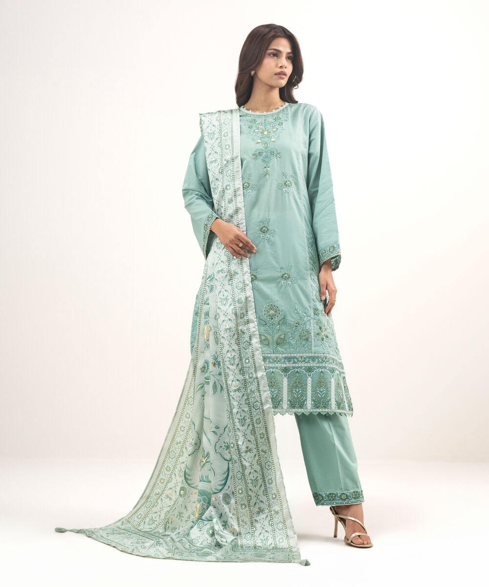 Women's RTW Zari Lawn Embroidered Green  2 Piece Suit