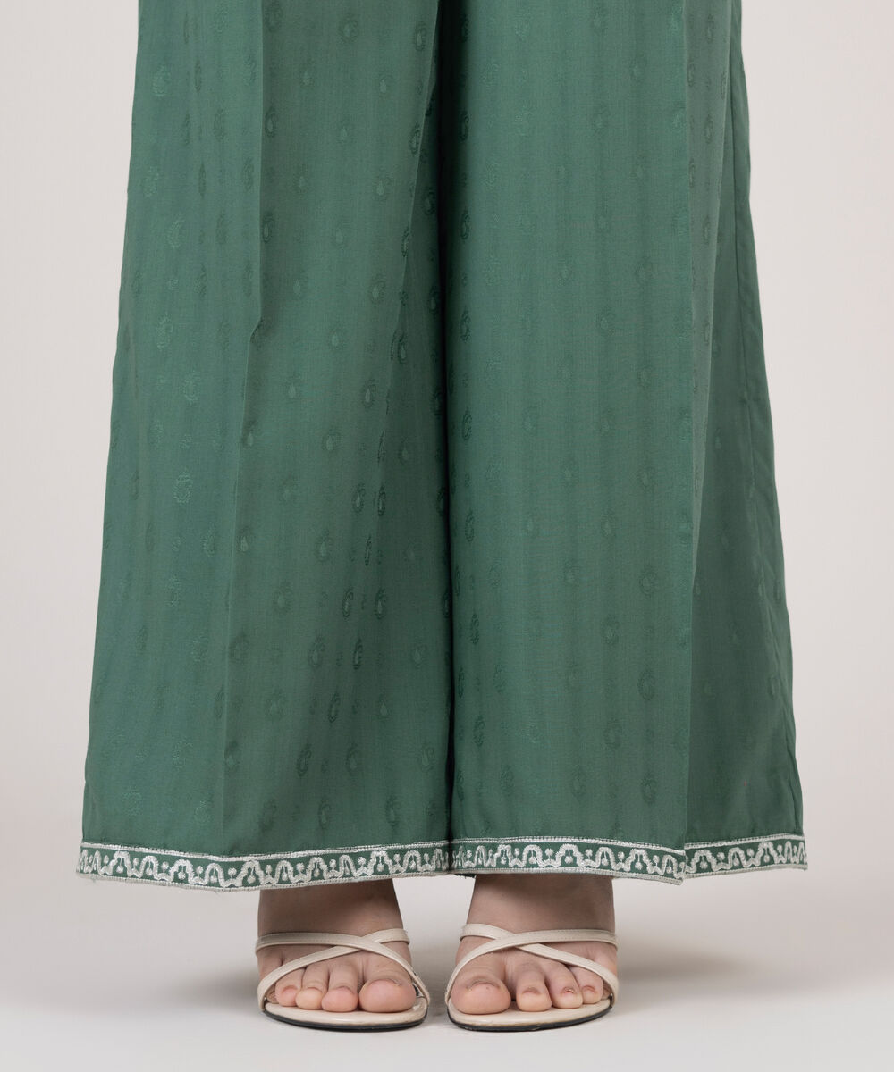 Women's RTW Cotton Jacquard Embroidered Green Flared Pants
