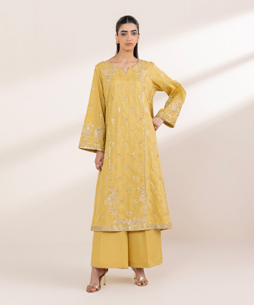 Women's RTW Cotton Jacquard Yellow Embroidered A-Line Shirt