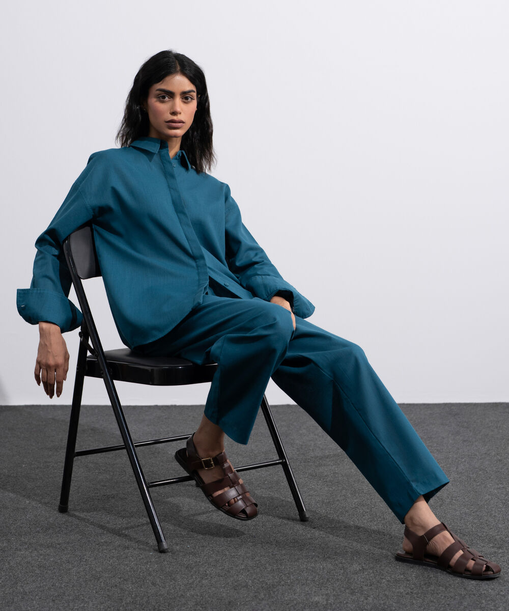 Women's Green Linen Blend Slouchy Trousers