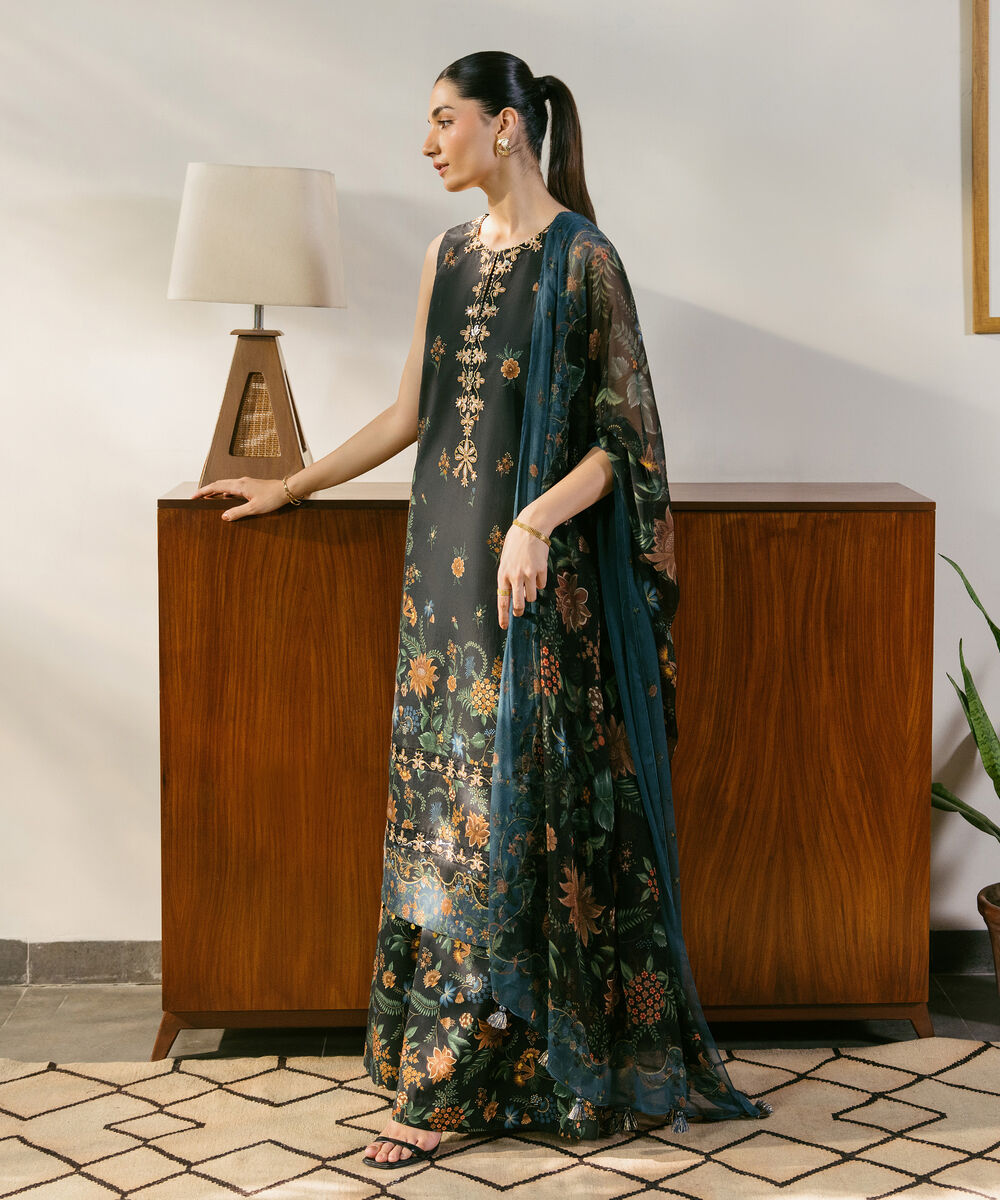 Women's Unstitched Cotton Embroidered Black