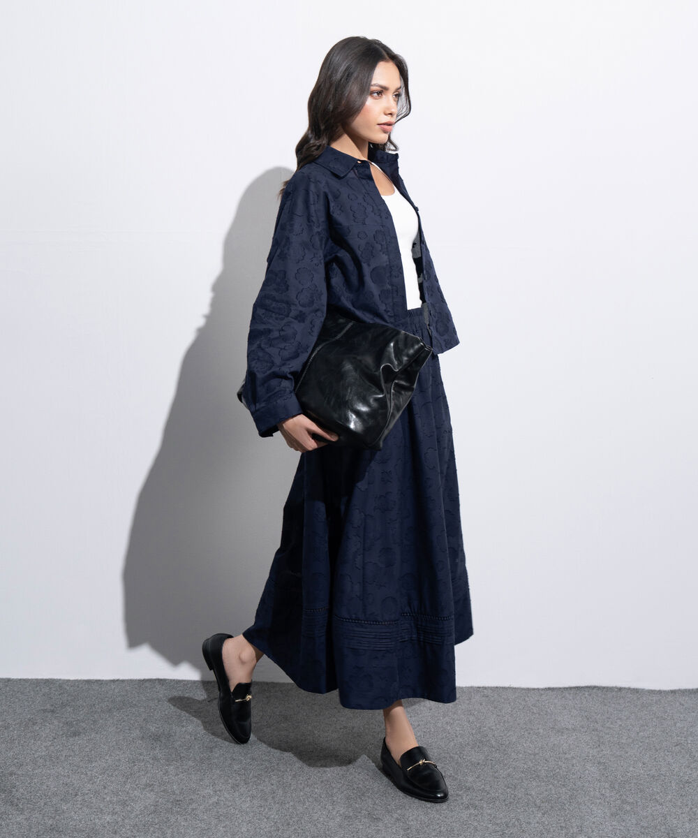 Women's Western Navy Flared Skirt With Panels Details