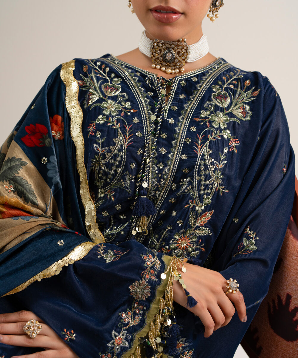 Women's Unstitched Embroidered Velvet Blue 3 Piece Suit