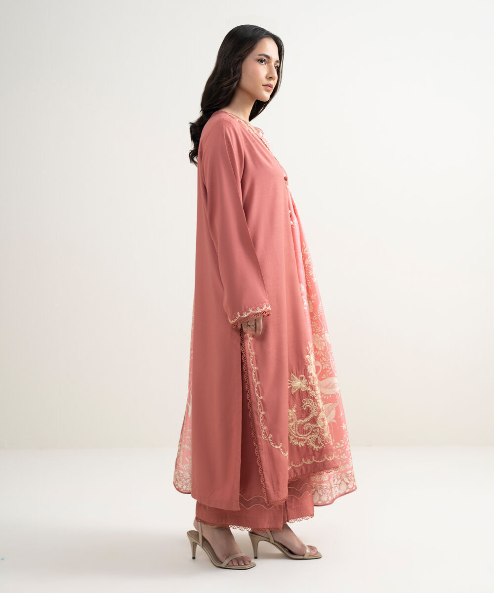 Women's RTW Cotton Viscose Embroidered Salmon 3 Piece Suit