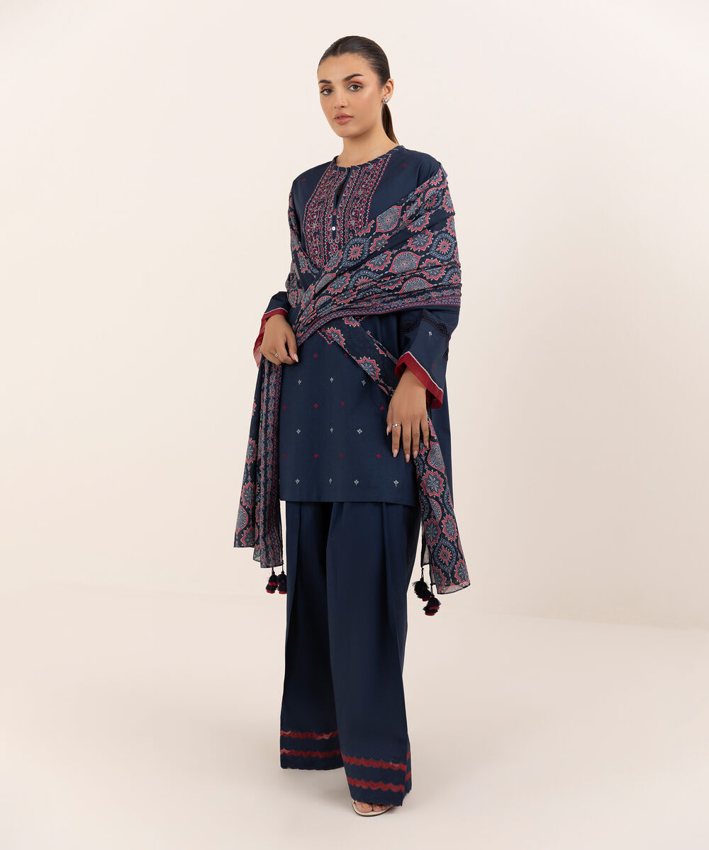 Women's Unstitched Lawn Embroidered Blue Three Piece Suit