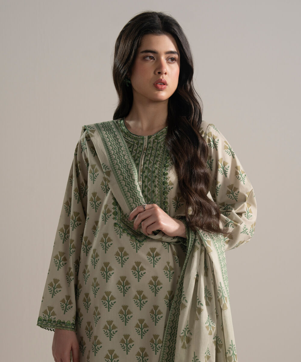 Women's RTW Cambric Embroidered Beige 3 Piece Suit