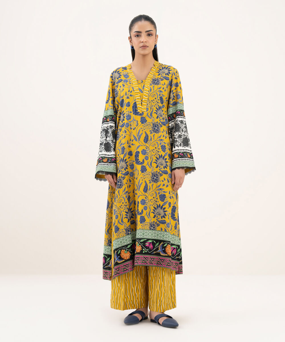 Women's RTW Viscose Linen Printed A-Line Mustard Shirt