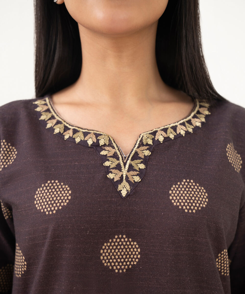 Women's RTW Light Khaddar Embroidered Brown Straight Shirt