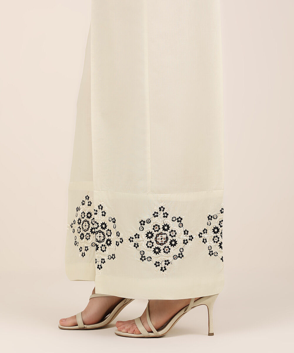 Women's RTW Cambric Off White Embroidered Flared Pants