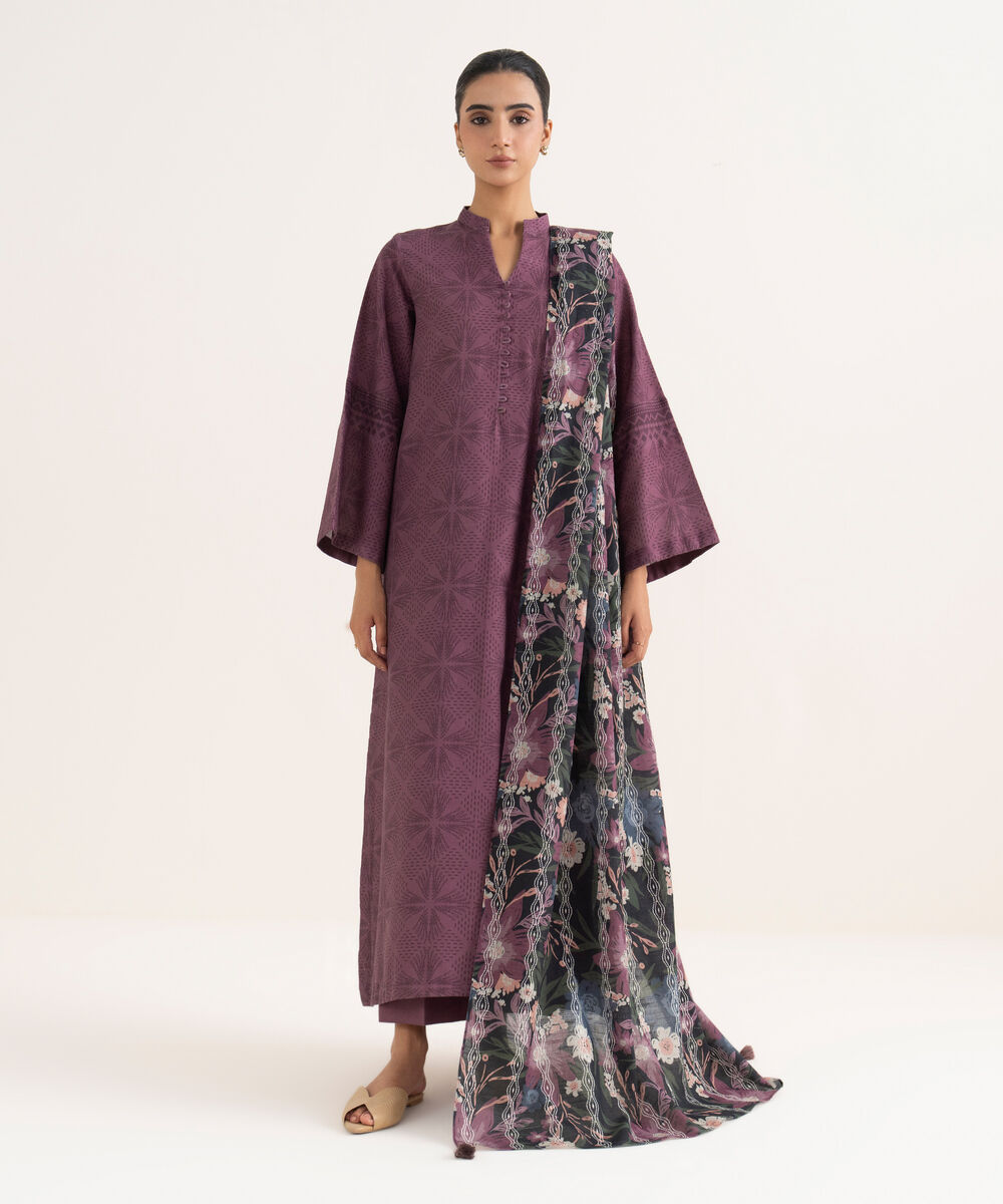 Women's Unstitched Lawn Printed Purple Three Piece Suit