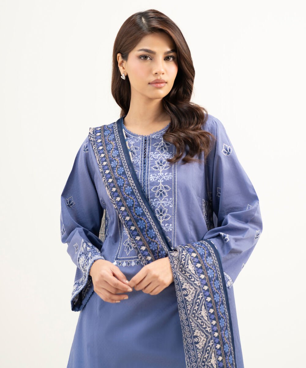 Women's RTW Dobby Embroidered Steel Blue 3 Piece Suit