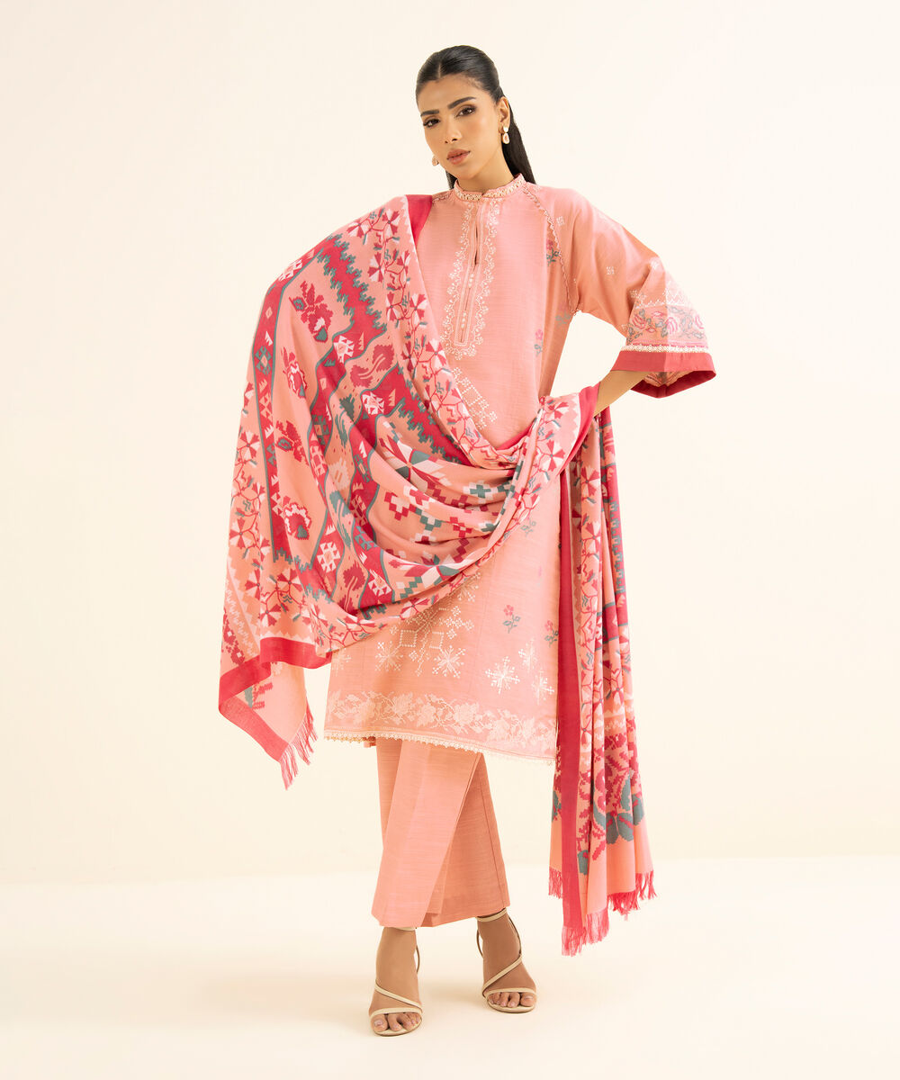 Women's Unstitched Twill Embroidered Pink 3 Piece Suit