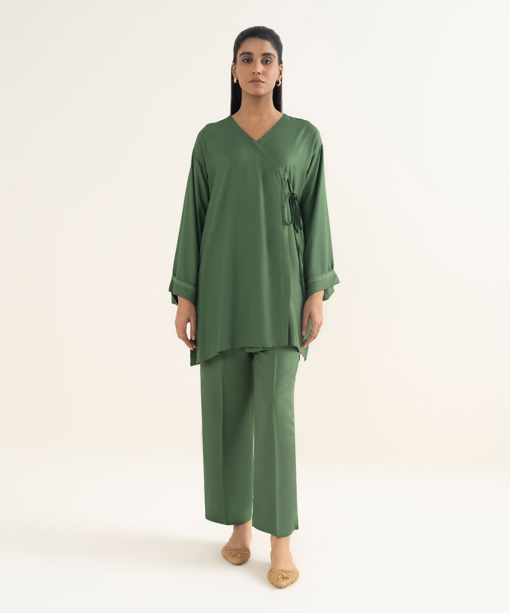 Women's RTW Bedford  Solid Green Drop Shoulder Shirt