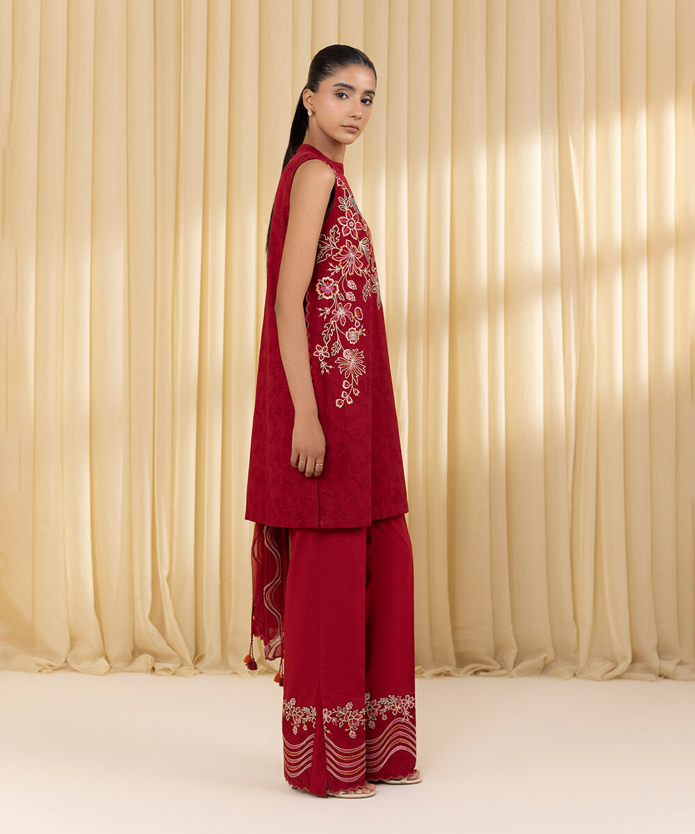 Unstitched Women's Red Cotton Jacquard 3 Piece Suit