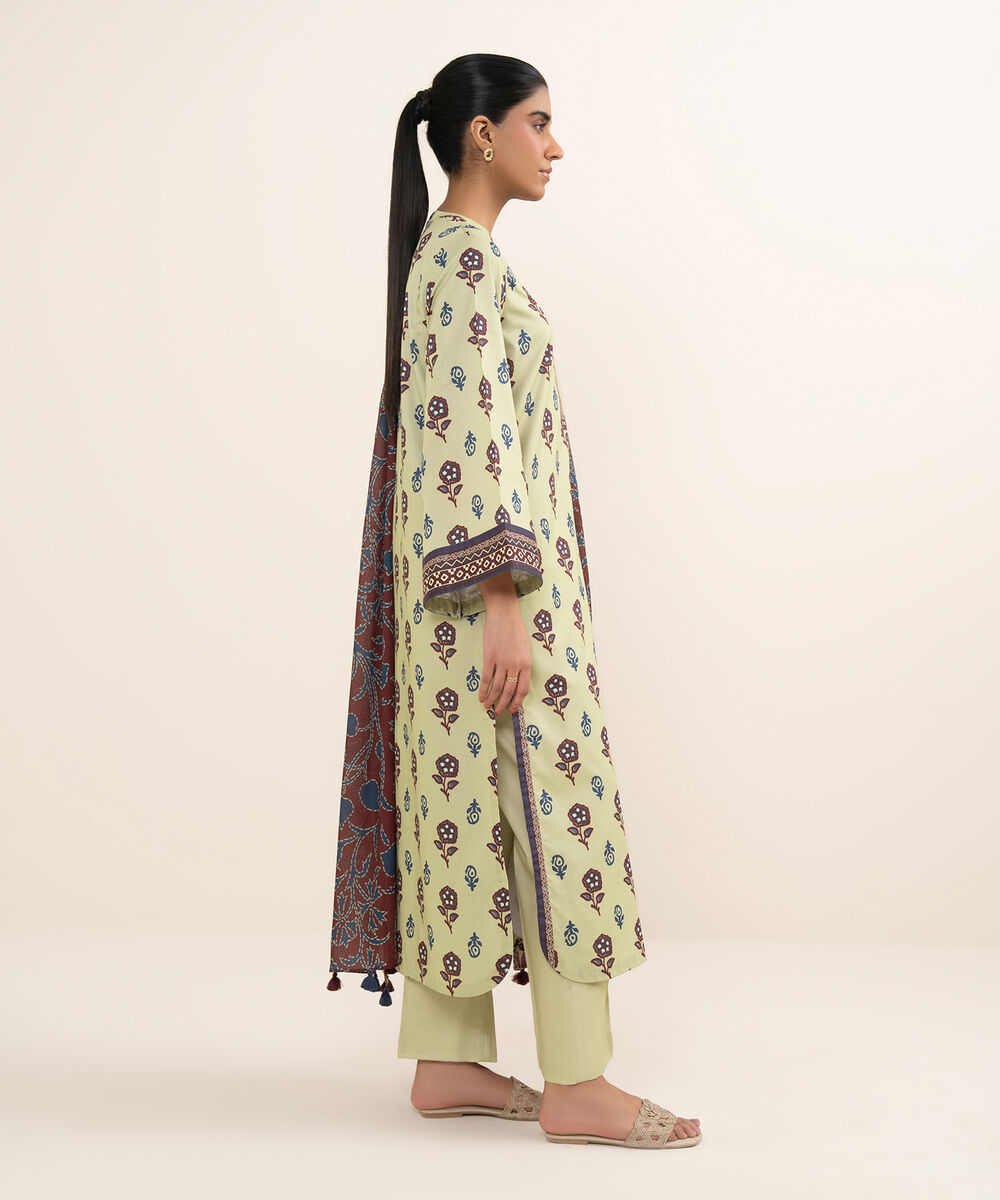 Women's Unstitched Cotton Printed Off White 3 Piece Suit