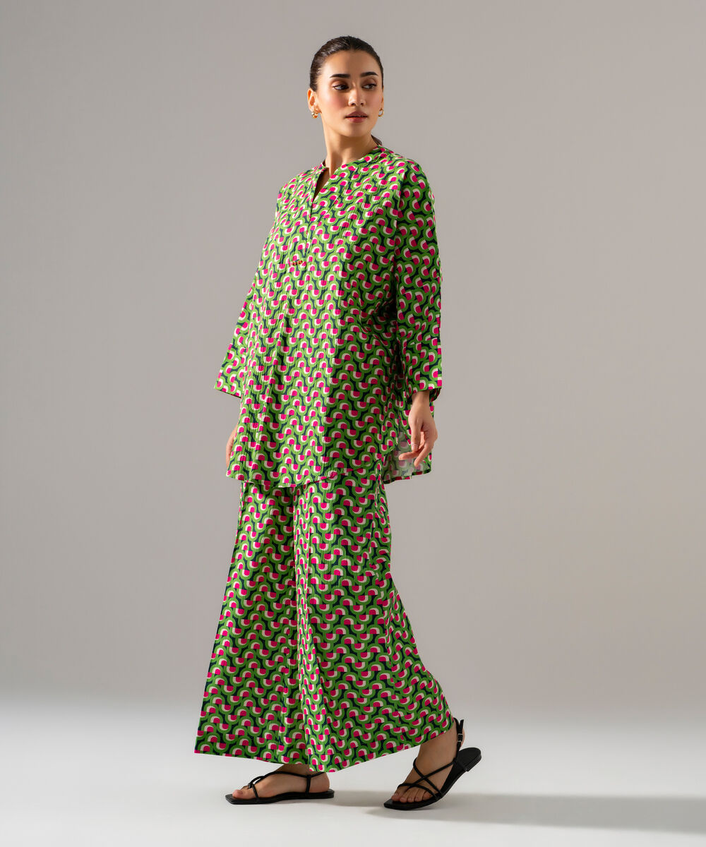 Women's RTW Seersucker Printed Green 2 Piece Suit