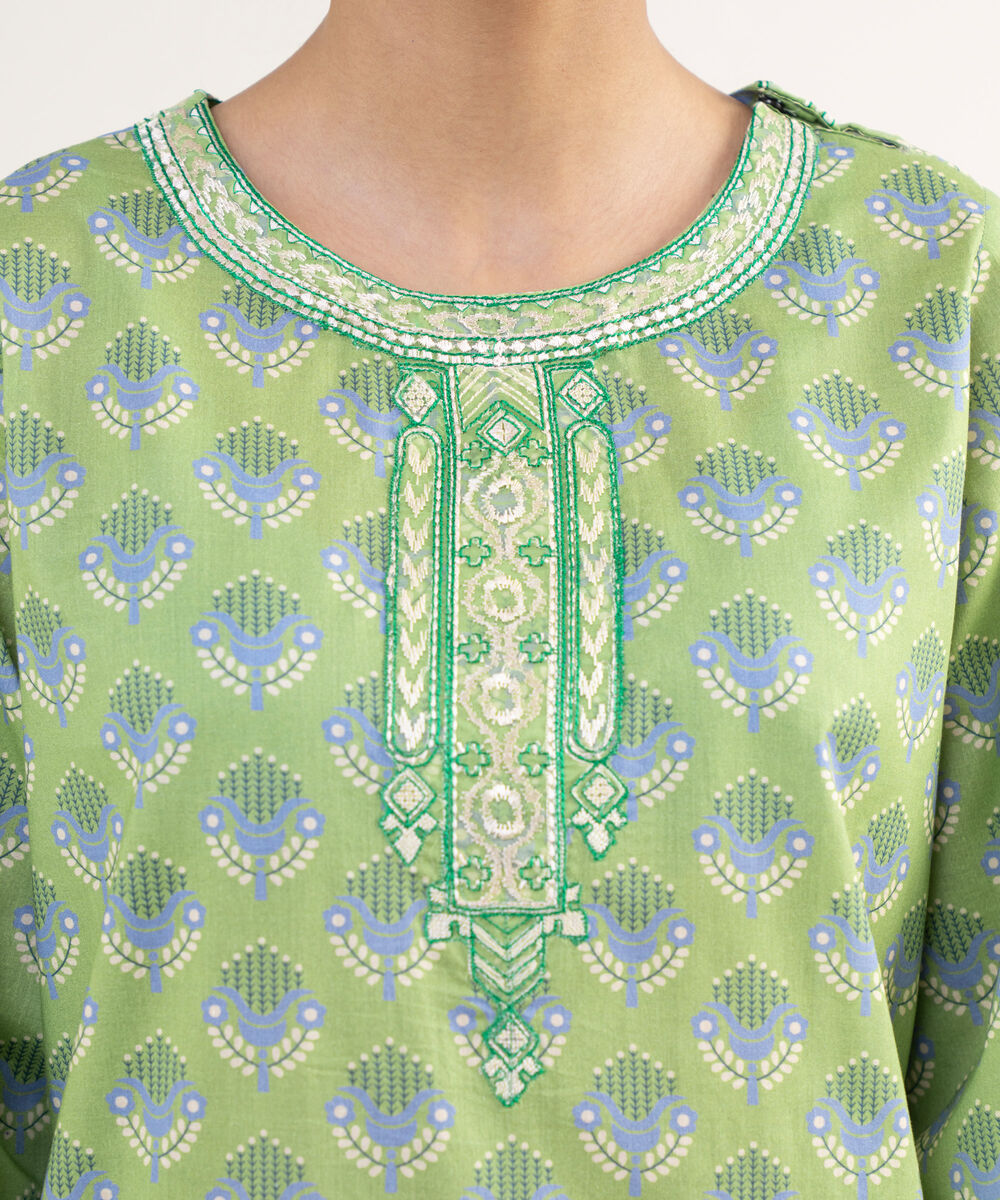 Women's RTW Lawn Green Embroidered Straight Shirt