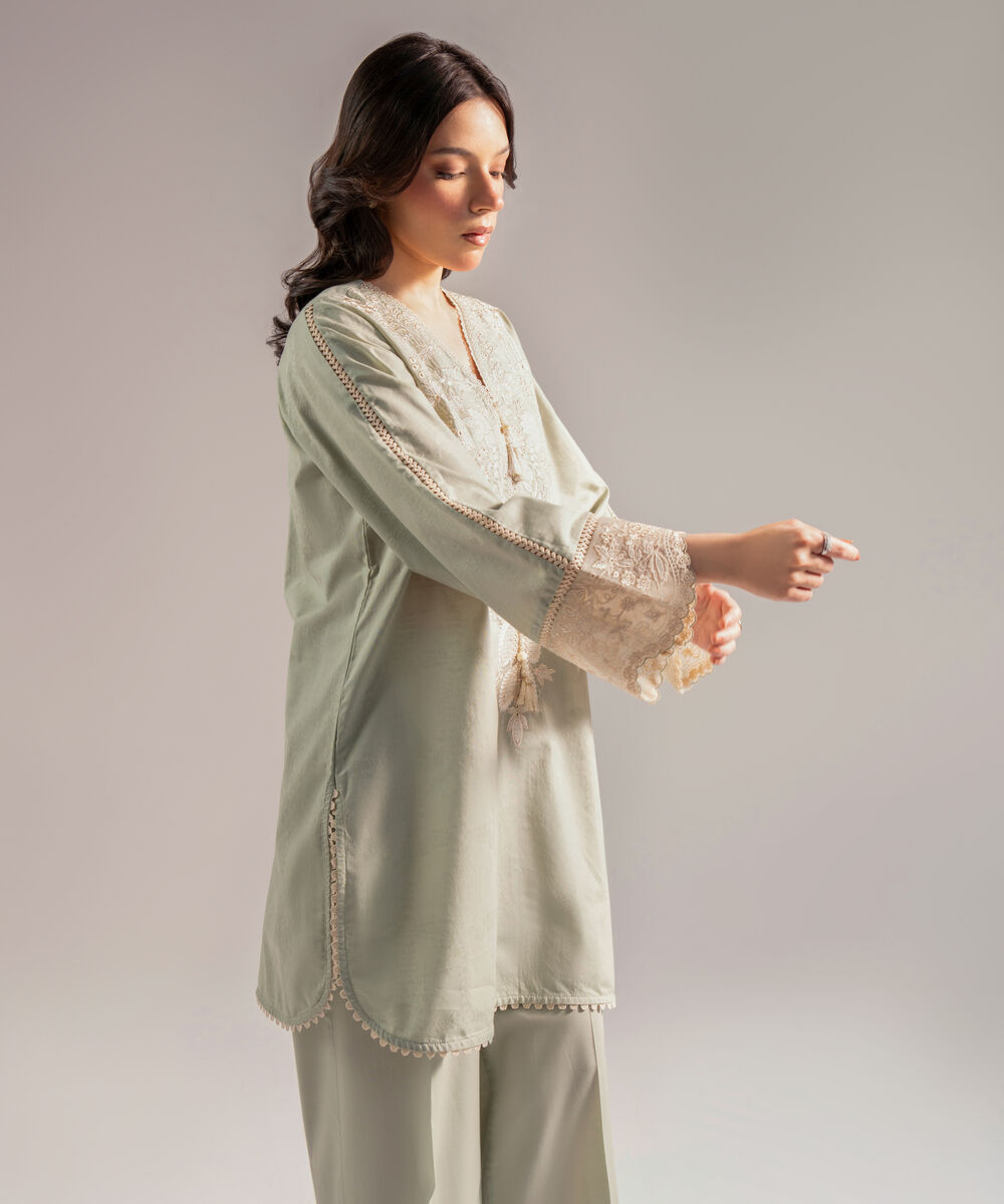 Women's RTW Self Jacquard Embroidered Mint Green 2 Piece Suit