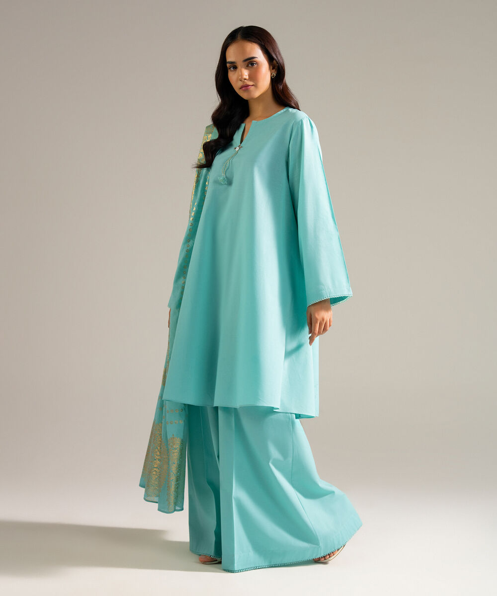 Women's RTW Slub Lawn Solid Blue 3 Piece Suit