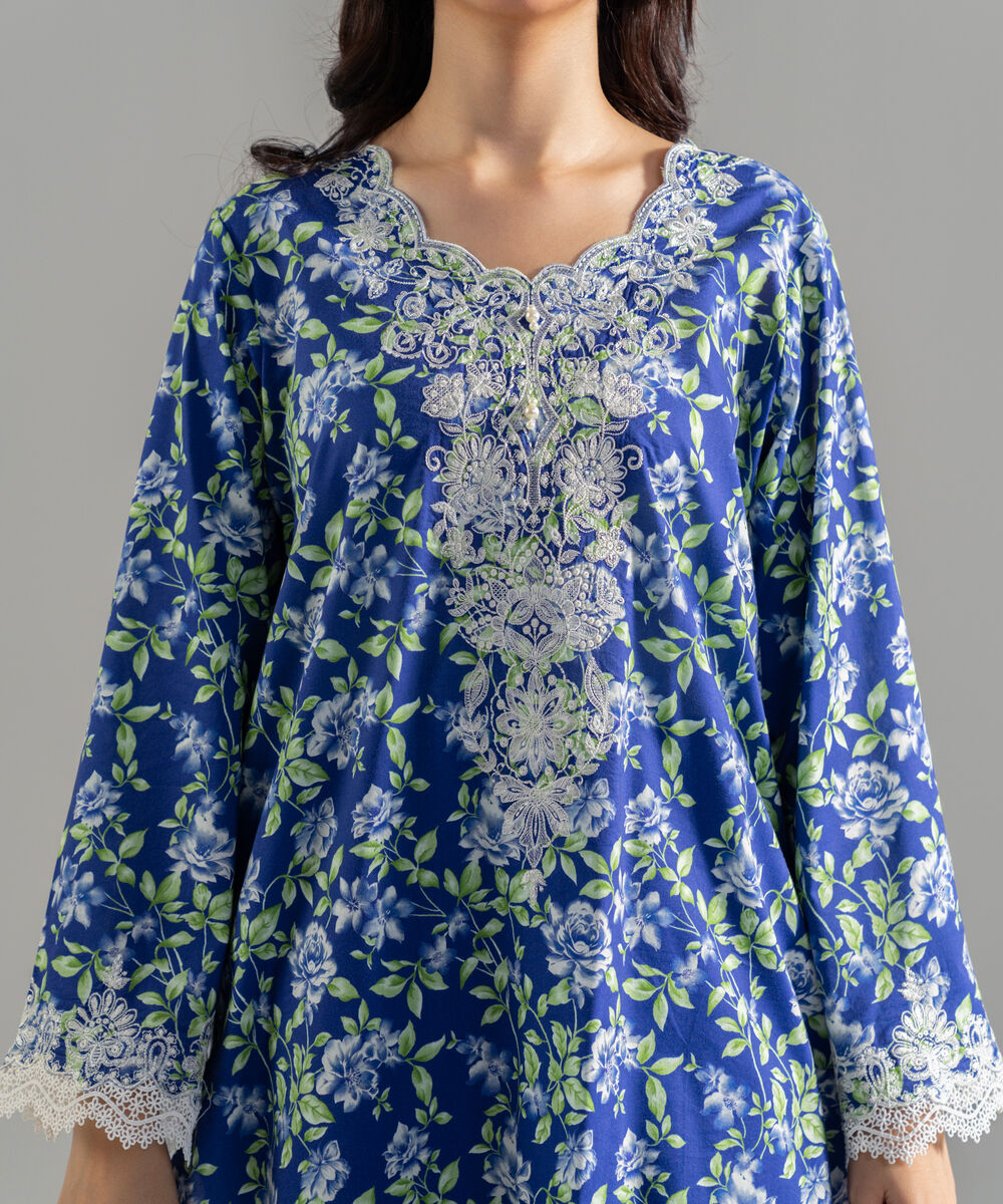 Women's RTW Cotton Viscose Printed Embroidered Blue Straight Shirt