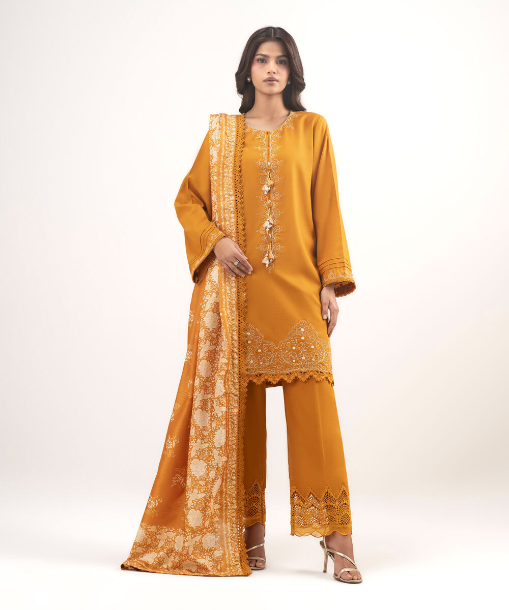 Women's RTW Cotton Viscose Embroidered Orange 3 Piece Suit