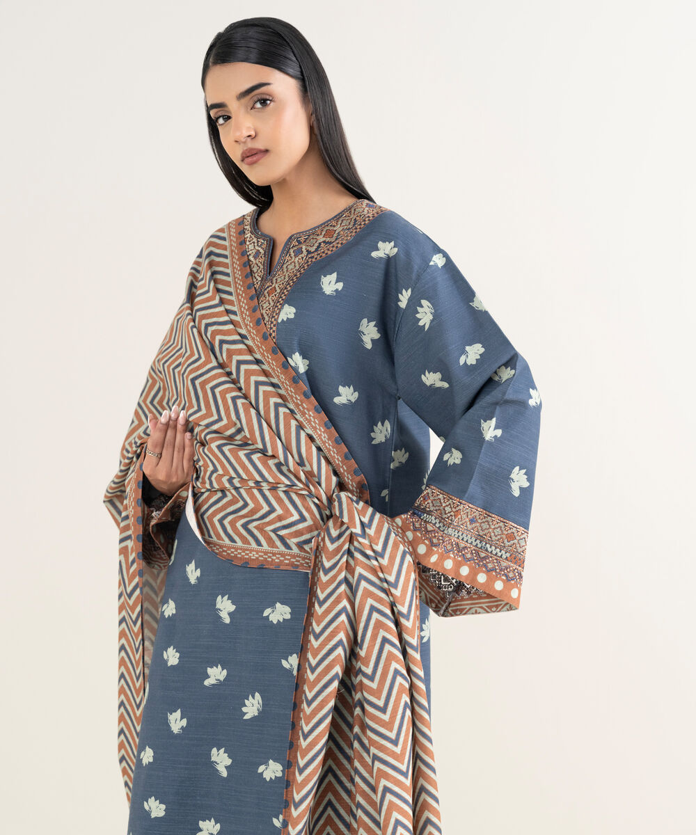 Women's Unstitched Printed Khaddar Blue and Off White 3 Piece Suit