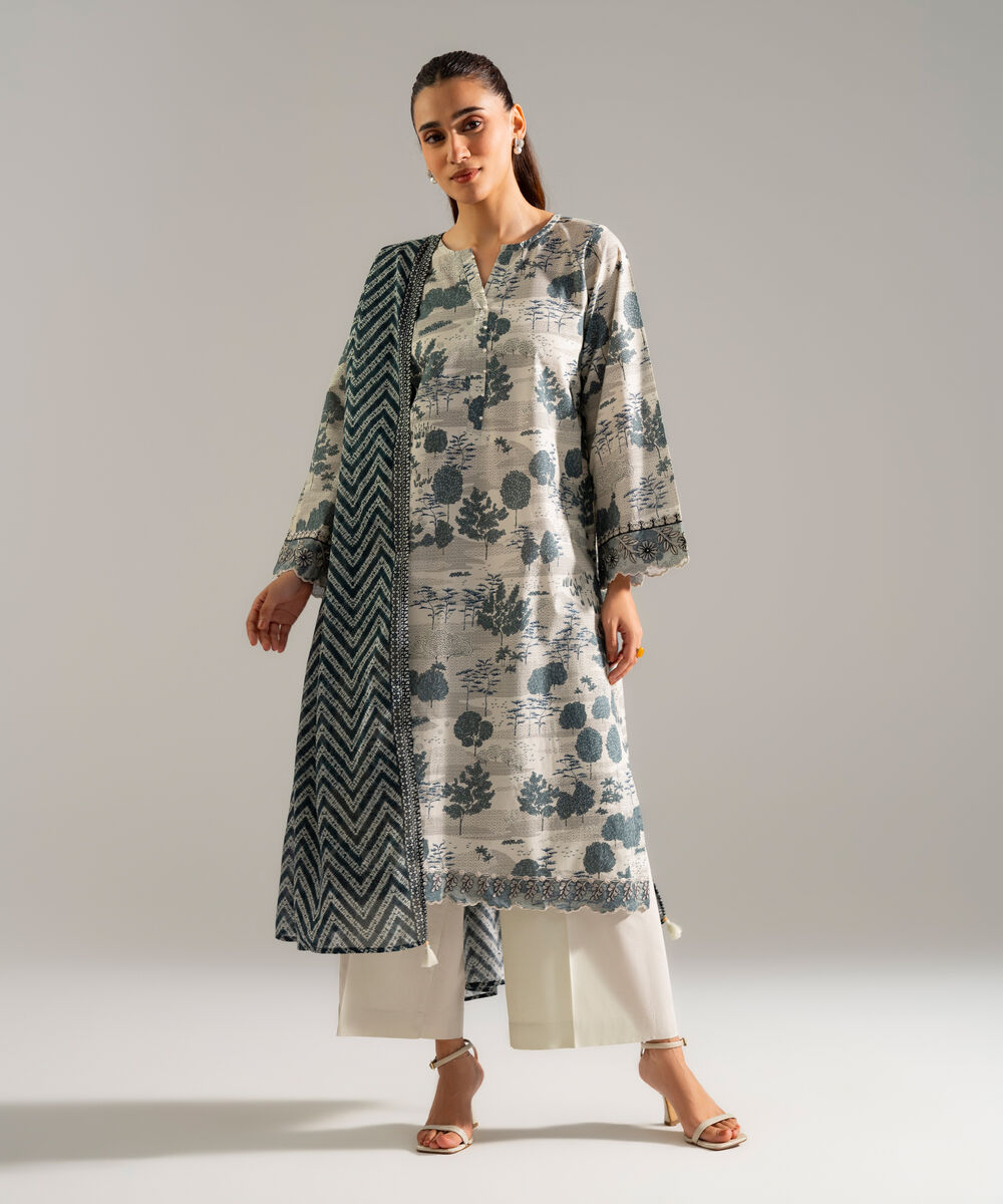 Women's RTW Cambric Embroidered Grey 3 Piece Suit