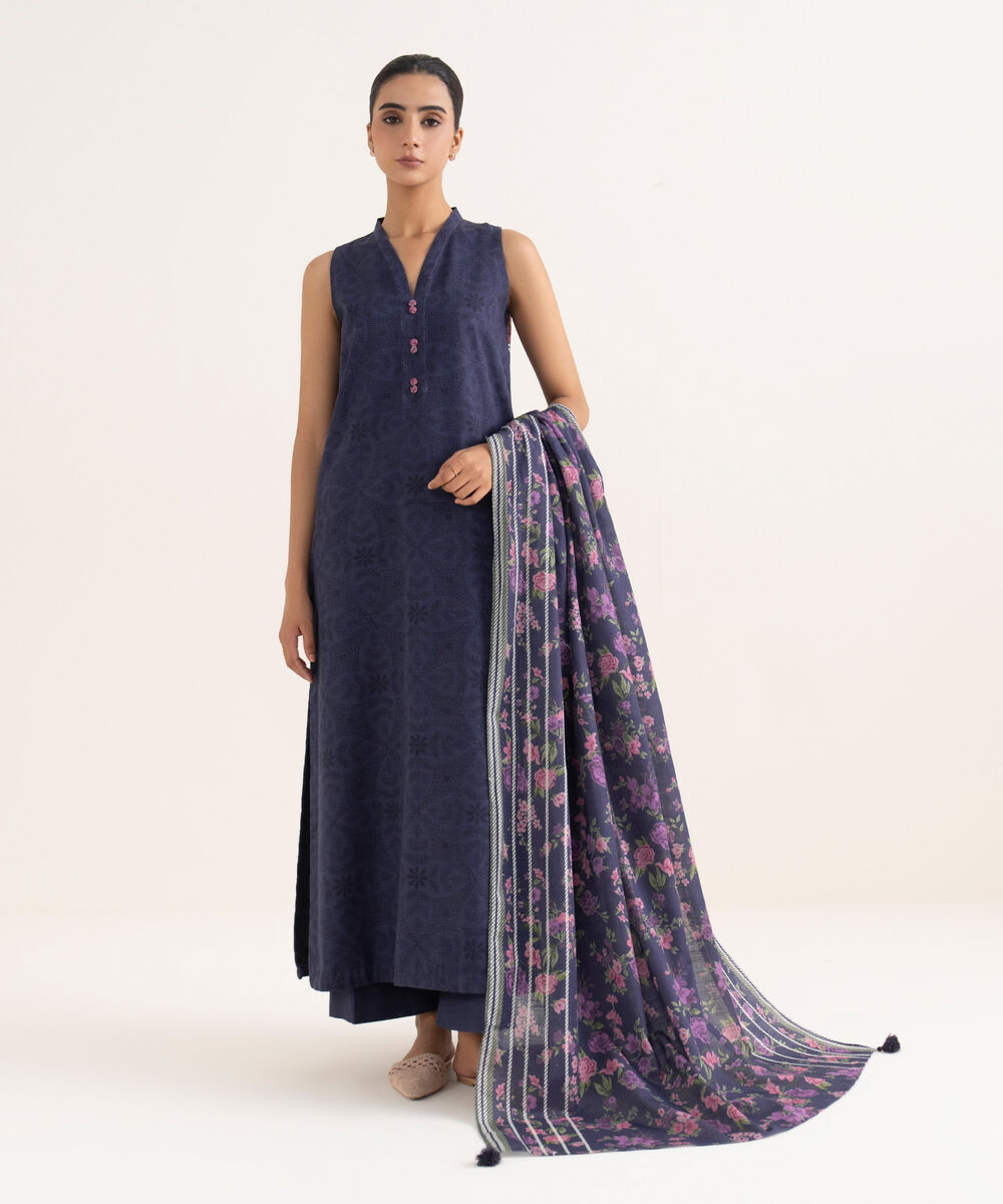Women's Unstitched Light Khaddar Printed Blue Three Piece Suit