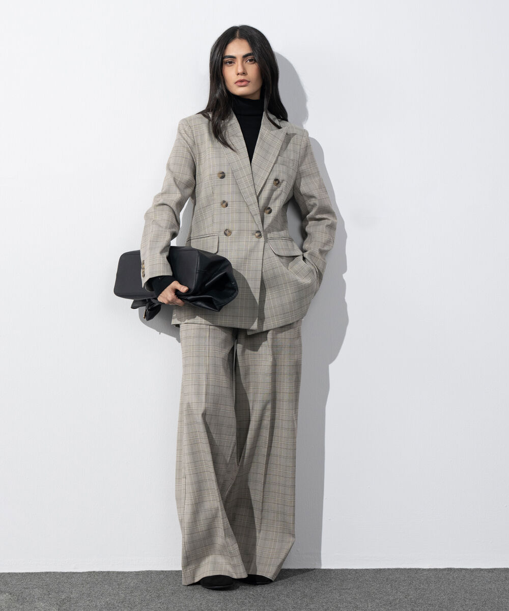 Women's Western Wear Brown Plaid Double Breasted Blazer