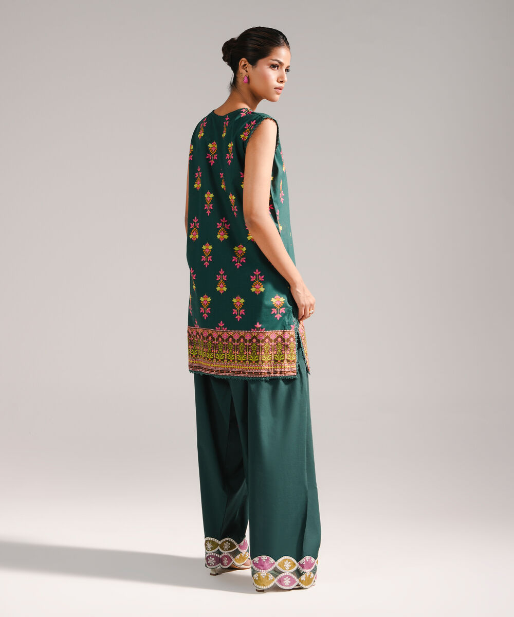Women's RTW Slub Lawn Printed Dark Green Straight Shirt