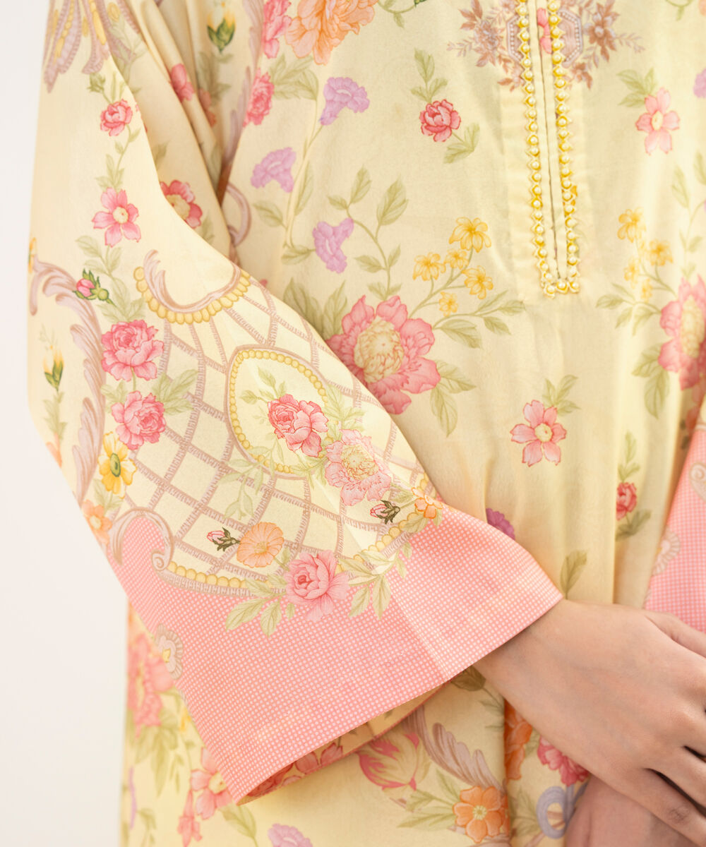 Women's RTW Blended Satin Yellow Printed A-Line 2 Piece Suit